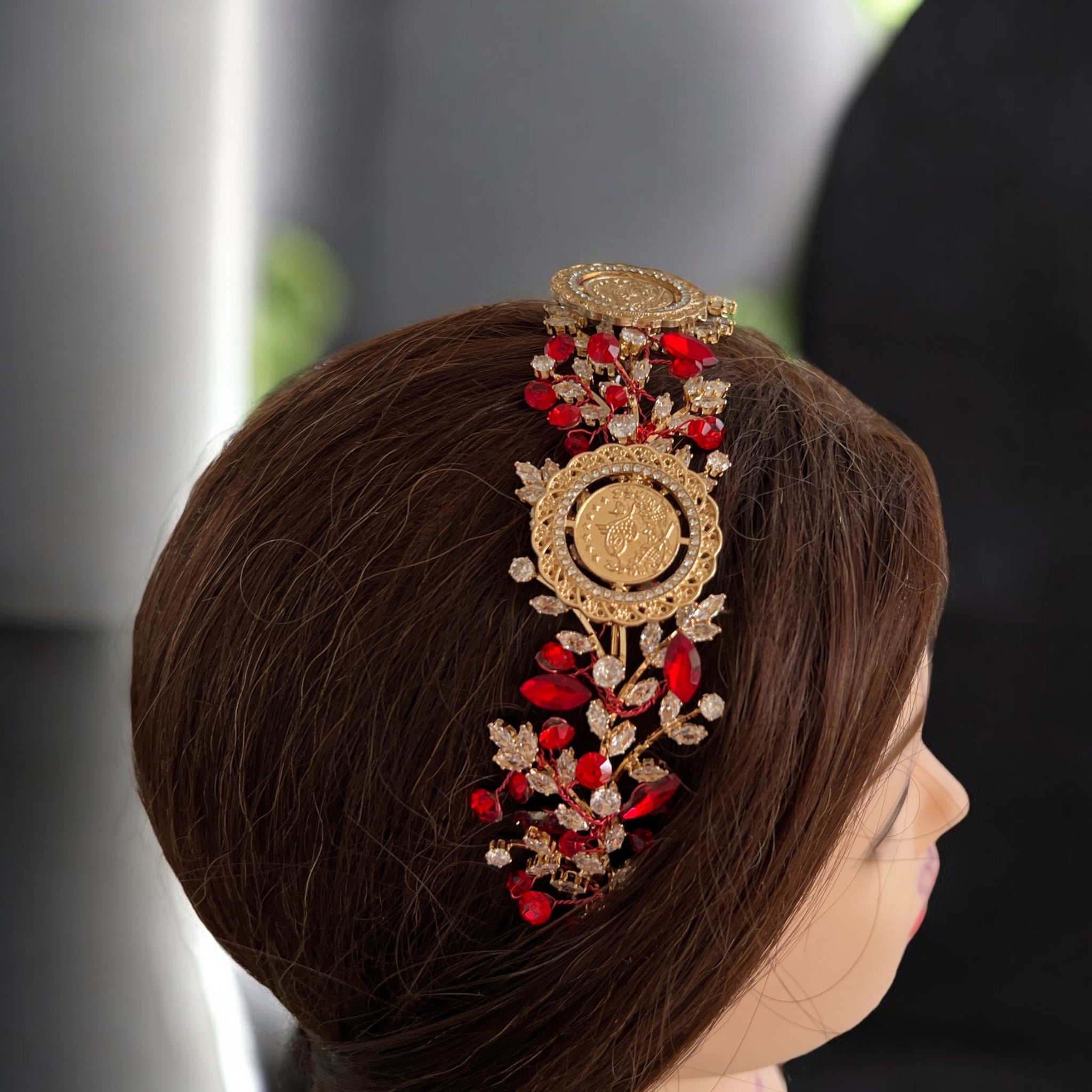 Baqa al-Gharbiya Red and Gold three coins headband