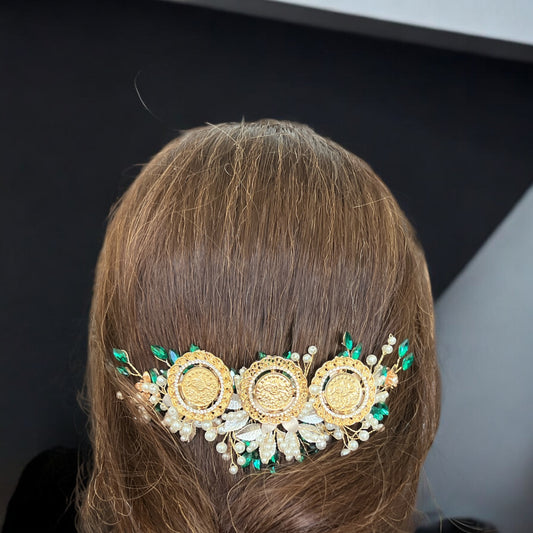 Qalandiya three coins green and gold headpiece comb