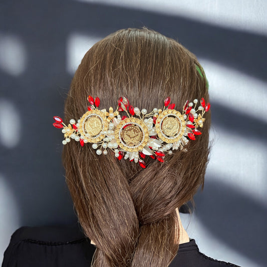 Kifl Harith red and pearls three coins hair comb