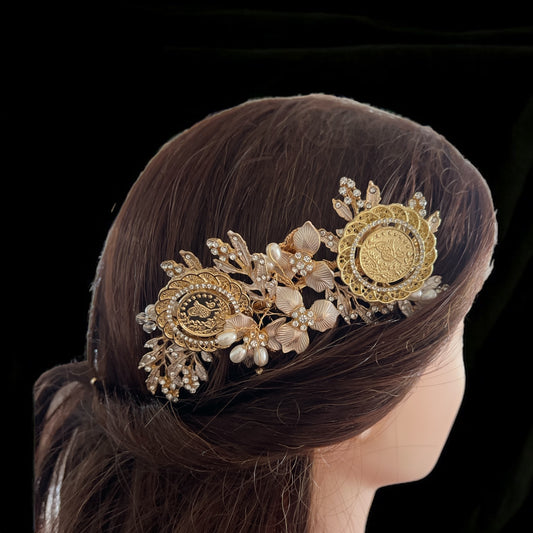 Surda Gold-Pearls two coins headpiece comb