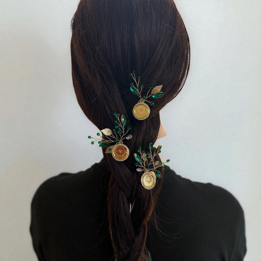 Ein Ghazal Three Green and Gold hairpin