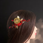 Makr Red Gold one coin comb hair accessories stylishly adorns long hair with a floral design.