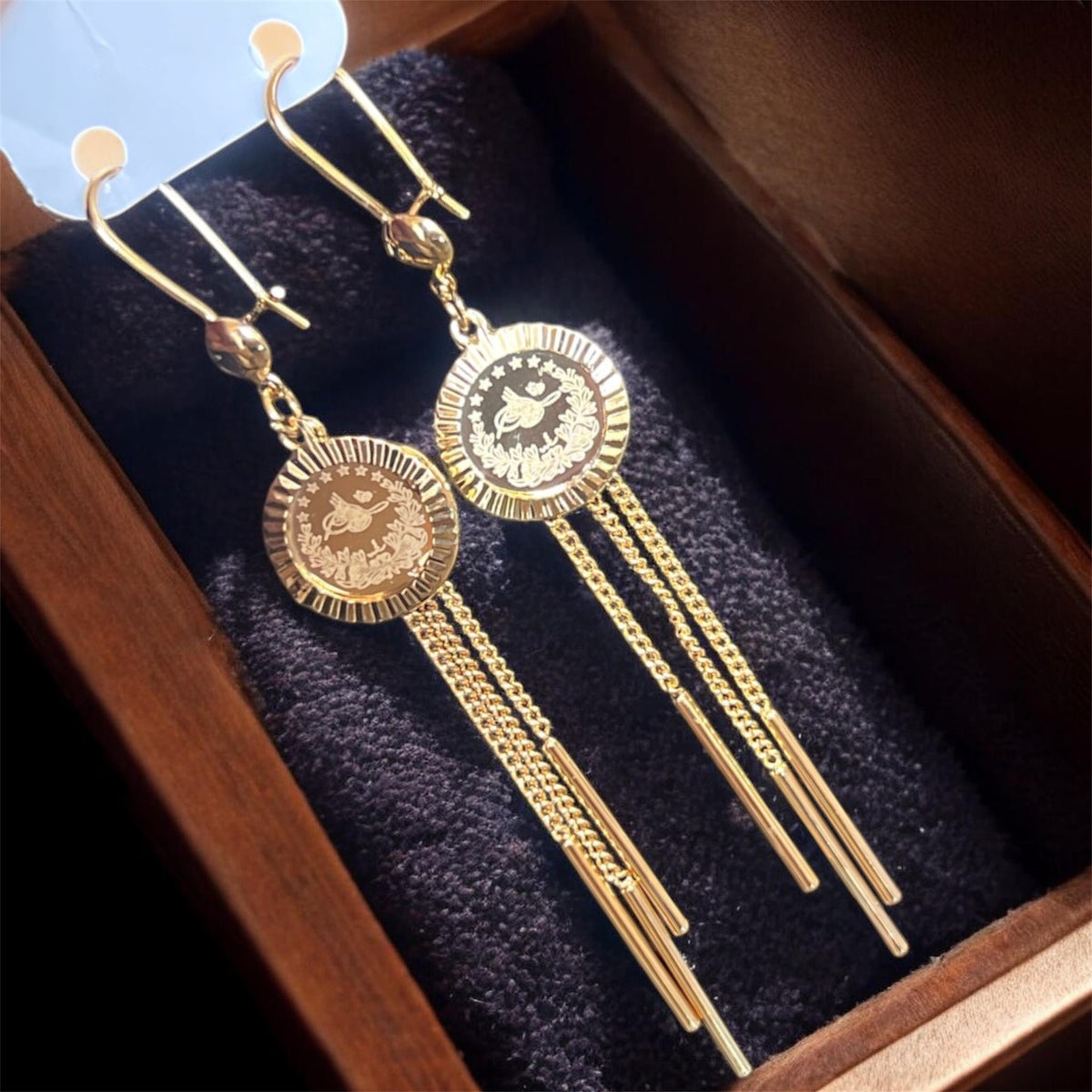 Kafr Malik II long 18K pleated gold coins earrings
