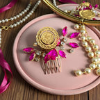 Makr Pink and Gold coin comb hair accessories elegantly designed with pink gems and gold accents.