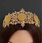Masafer Yatta Gold headpiece/crown adorned with luxurious coins and sparkling crystals, ideal for cultural significance.