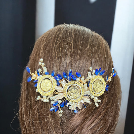 Kifl Harith blue and pearls three coins hair comb