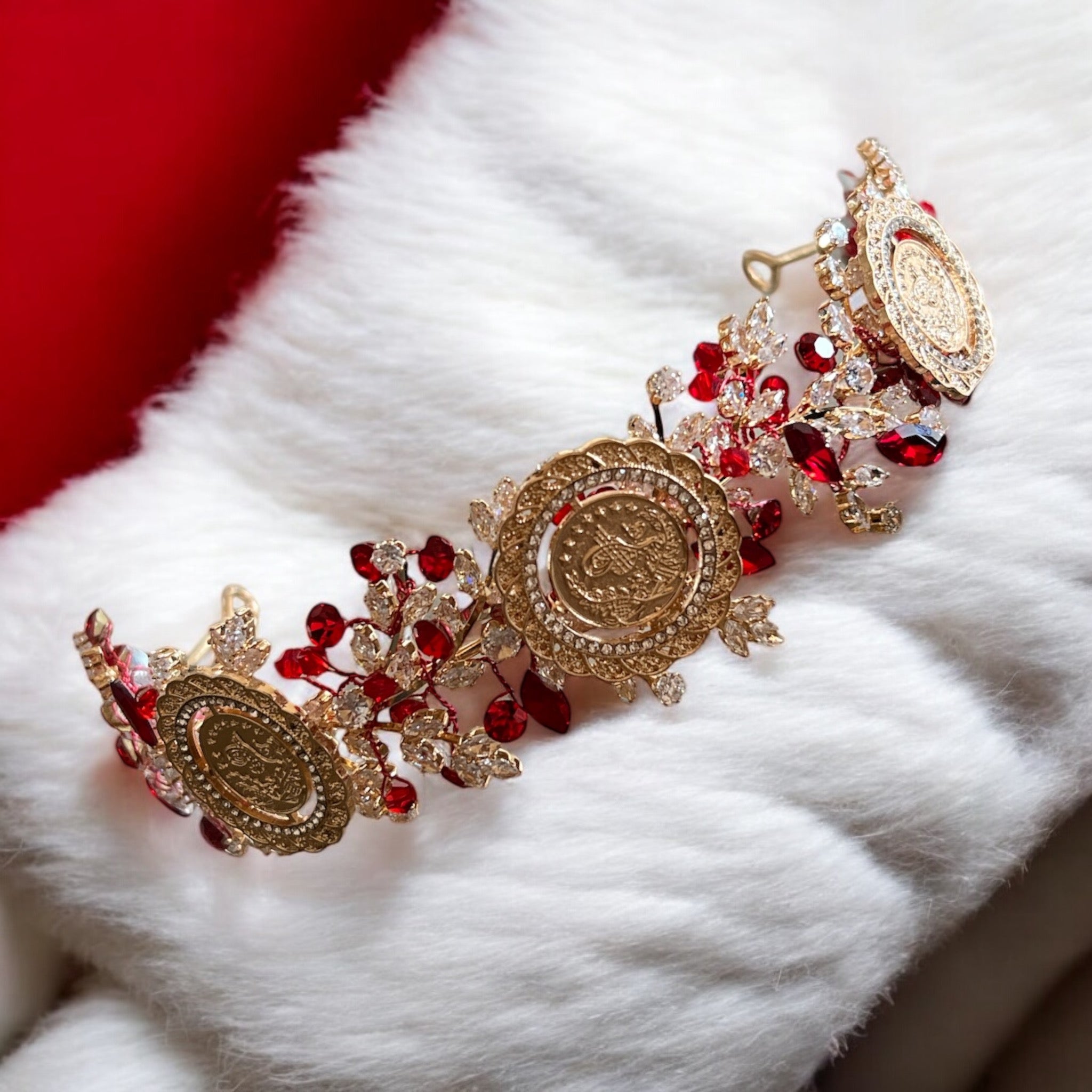 Baqa al-Gharbiya Red and Gold three coins headband