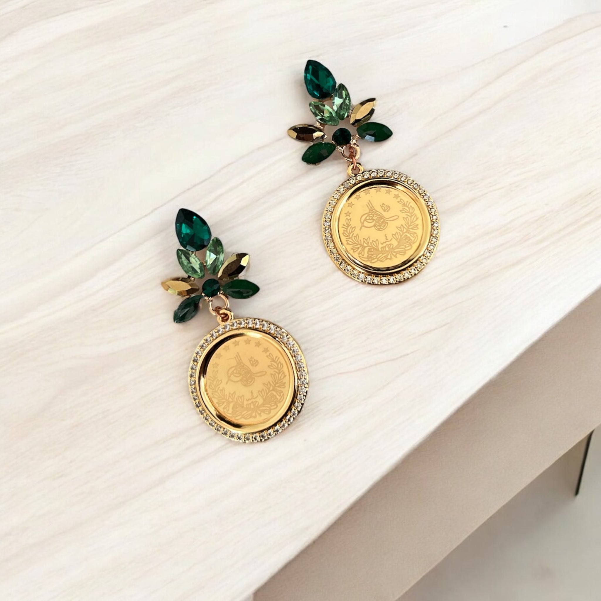 Bayt Rema III gold and green earrings