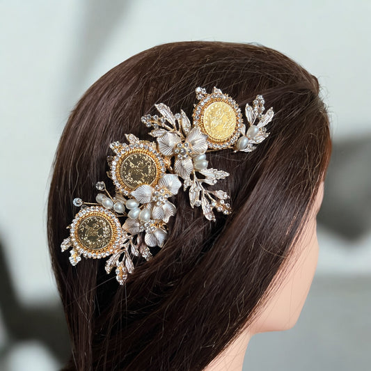 Surda II Gold-Pearls three coins headpiece comb