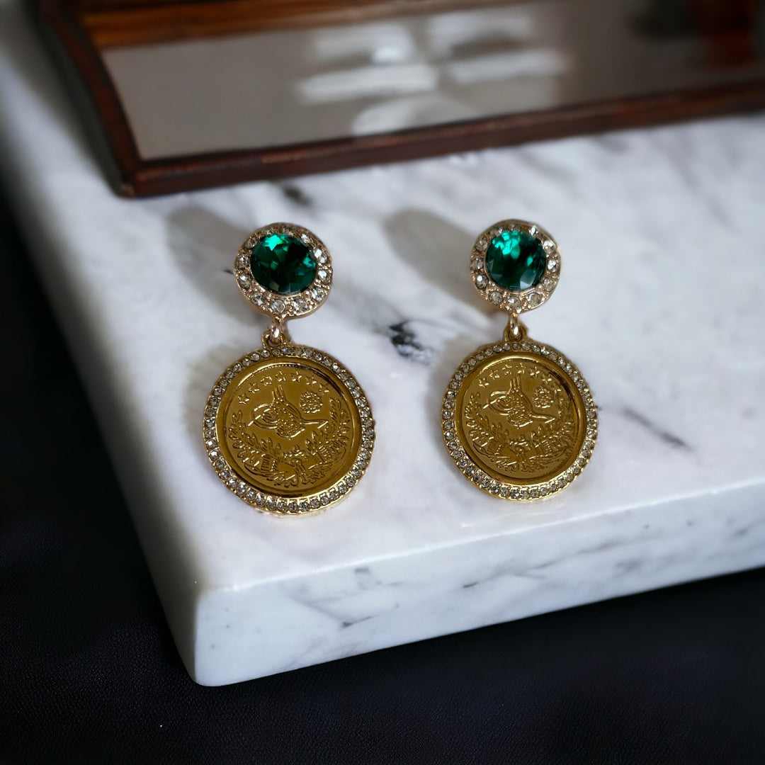 Bayt Remi Golden Green coin earrings Perfect Quality Green coin 