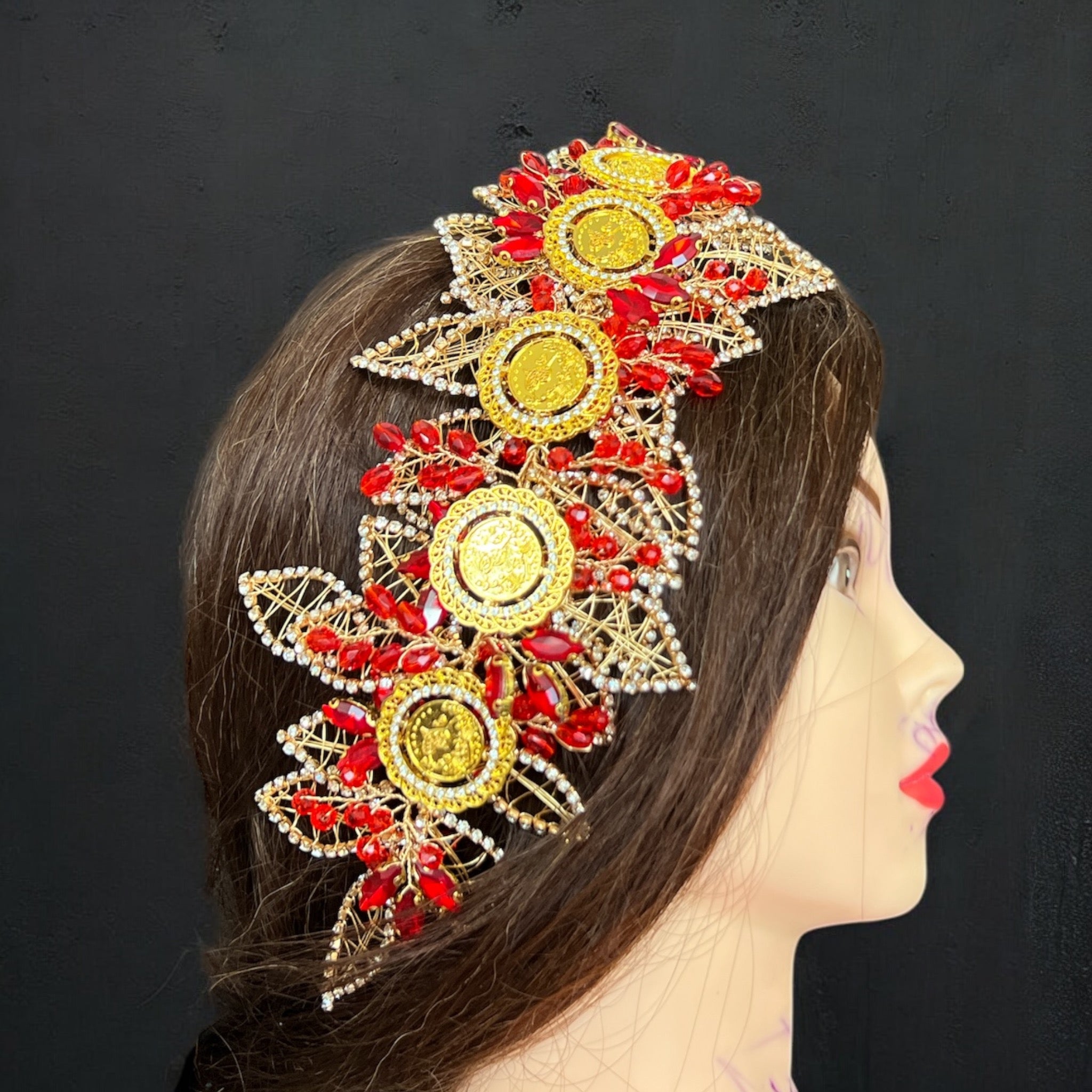 Askar large Red and Gold five coins headpiece