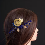 Makr Gold and Blue one coin comb hair accessories worn in a hairstyle, showcasing style and elegance