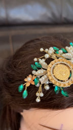 Qalandiya three coins green and gold headpiece comb
