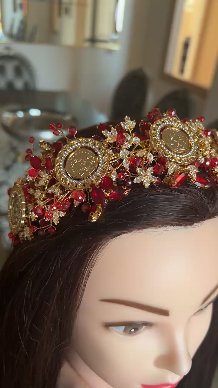 Marda Gold and Red five coins headband