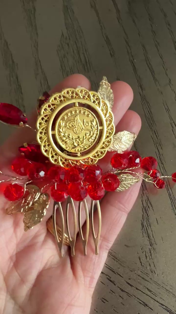 Makr Red Gold one coin comb hair accessories featuring a gold coin and red bead design.