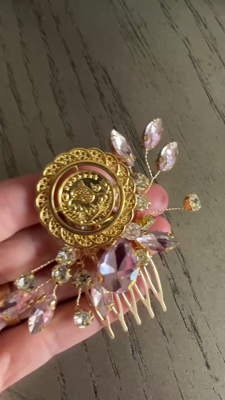 Makr light Pink and Gold coin comb hair accessories featuring elegant flower designs and gemstones.