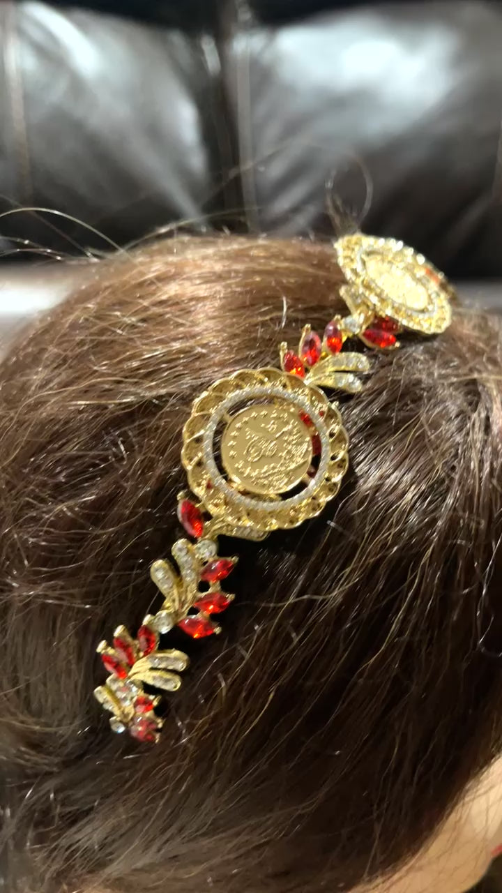 Hamama three coins red and gold headband