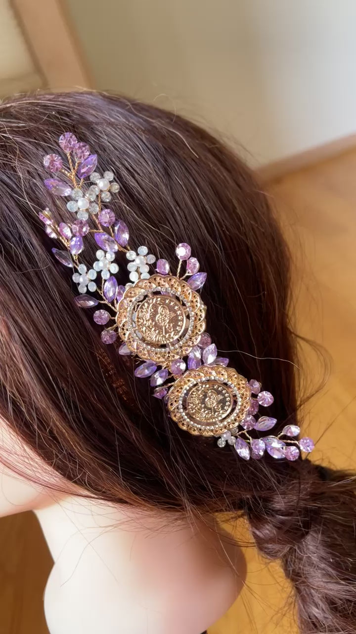 Surif two coin purple-gold hair comb