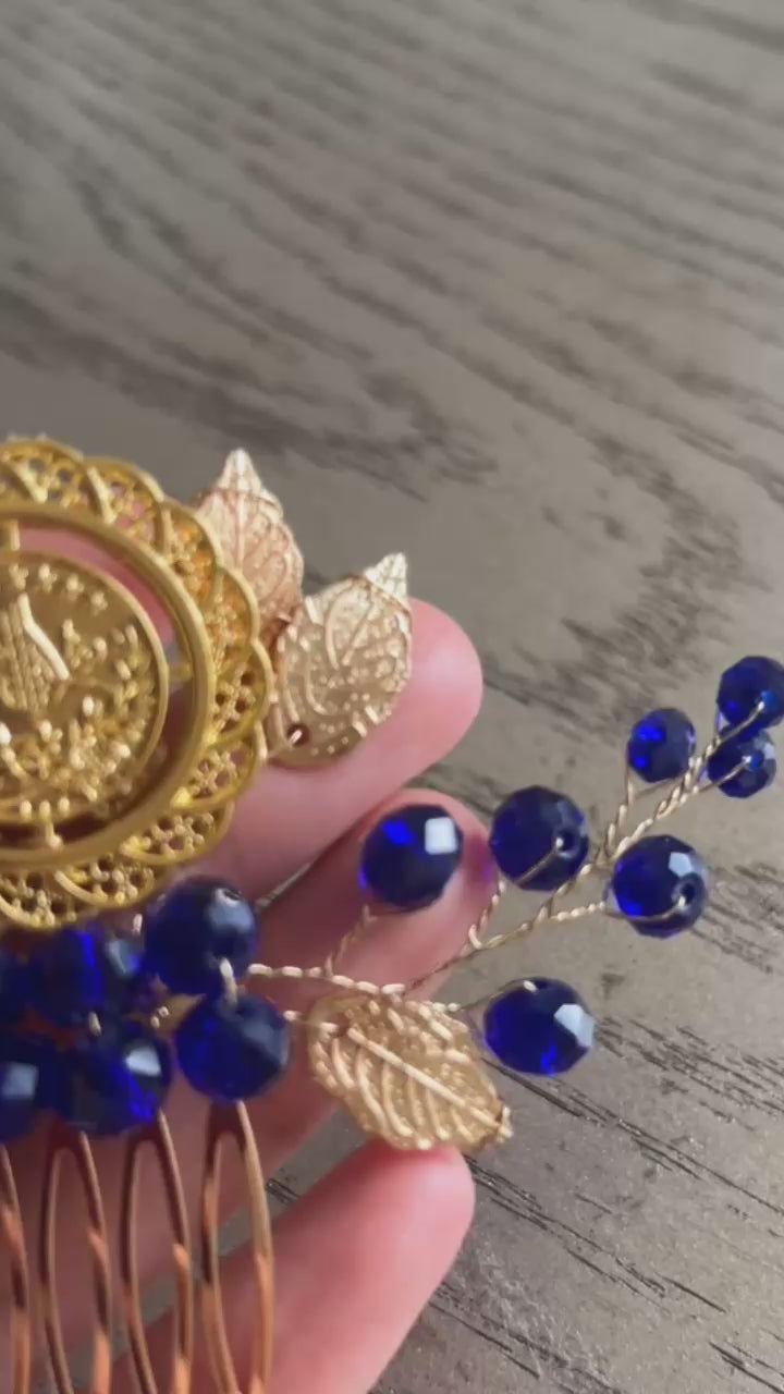 Makr Gold and Blue one coin comb hair accessories featuring intricate gold design and blue beads.
