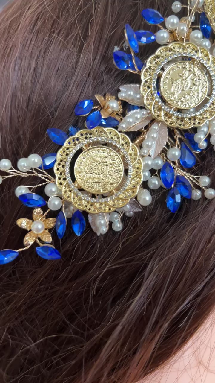 Kifl Harith blue and pearls three coins hair comb